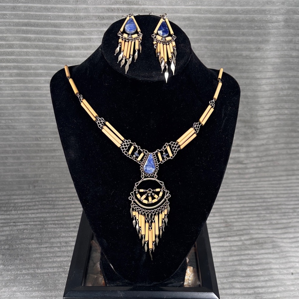 Vintage Peruvian Boho Bamboo and Lapis Necklace and Earring Set